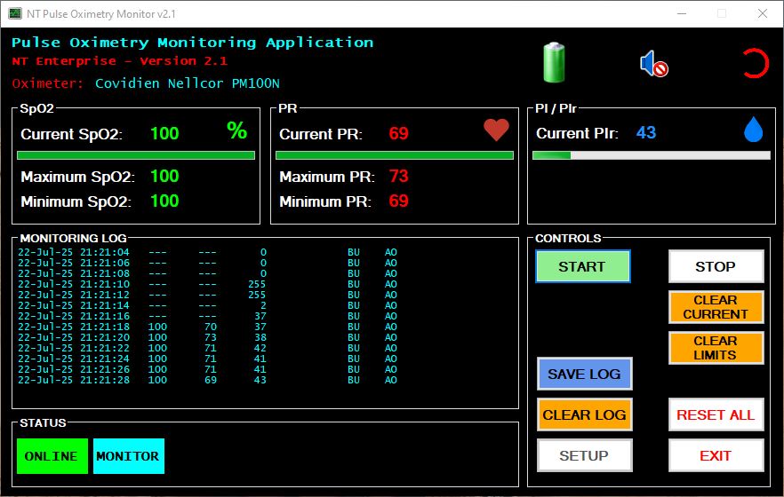 NTPulseOxMonitor software screenshot